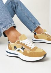 Ciemnobeżowe Sznurowane Sneakersy na Grubej Podeszwie z Przeszyciami Hanoa. Brązowe obuwie sportowe damskie Born2be, bez wzorów, bez zapięcia. Za 49.99 zł.