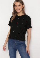 Czarny T-shirt Ozdobiony Kolorowymi Cyrkoniami Wiadea. Czarne t-shirty damskie Born2be, l, bez wzorów, casualowe, bez kołnierzyka, bez ramiączek. Za 39.99 zł.