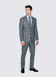 PAKO LORENTE – Szare spodnie garniturowe w granatową kratę. Szare eleganckie spodnie męskie Pako Lorente, bez wzorów, z elastanu. Za 149.99 zł.