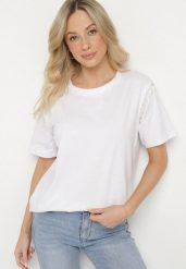 Biały Bawełniany T-shirt Ozdobiony Koralikami Tlerra. Białe t-shirty damskie Born2be, l, z aplikacjami, z bawełny, klasyczne, bez kołnierzyka, bez ramiączek. Za 34.99 zł.