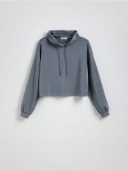 Krótka bluza z kapturem - ciemnoszary. Szare bluzy damskie Reserved, l, bez wzorów, z dzianiny, bez ramiączek, z kapturem. Za 89.99 zł.