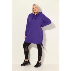 Damskie Długa bluza z kapturem tasiemka satynowa kaptur długi rękaw. Fioletowe bluzy damskie Ulla Popken, plus size, bez wzorów, z bawełny, casualowe, bez ramiączek, z kapturem. Za 279.99 zł.