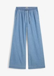 Dżinsy Wide Leg, mid waist, wygodny pasek. Niebieskie jeansy damskie bonprix, bez wzorów, z jeansu. Za 119.99 zł.