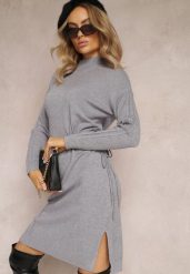 Szara Mini Pudełkowa Sukienka ze Sznurkiem w Talii oraz Półgolfem Agaira. Szare sukienki damskie Renee, m, bez wzorów, bez kołnierzyka, bez ramiączek, mini. Za 79.99 zł.