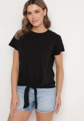 Czarny T-shirt z Bawełny z Ozdobnym Wiązaniem Sunitra. Czarne t-shirty damskie Born2be, l, bez wzorów, z bawełny, klasyczne, bez kołnierzyka, bez ramiączek. Za 29.99 zł.