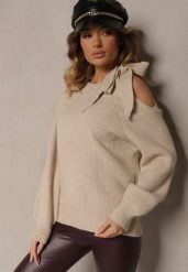 Beżowy Sweter z Ozdobnym Wiązaniem i Wycięciem na Ramieniu Eledi. Brązowe swetry nierozpinane damskie Renee, bez wzorów, casualowe, bez kołnierzyka, bez ramiączek. Za 119.99 zł.