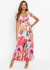 Sukienka maxi z krótkim rękawem. Czerwone sukienki damskie bonprix, bez wzorów, bez kołnierzyka, bez ramiączek, maxi. Za 179.99 zł.