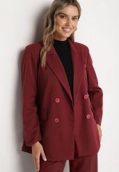 Bordowa Marynarka Dwurzędowa z Poduszkami w Ramionach Shalisse. Czerwone marynarki i żakiety damskie Born2be, bez wzorów, bez kołnierzyka, bez ramiączek. Za 119.99 zł.