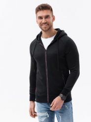 Dzianinowa bluza męska rozpinana z kapturem - czarna V1. Czarne bluzy męskie Ombre Clothing, m, bez wzorów, z dzianiny, bez ramiączek, z kapturem. W wyprzedaży za 49.99 zł.