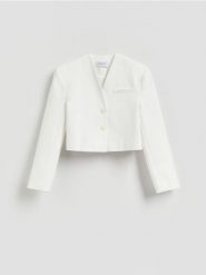 Krótka marynarka z bawełną - biały. Białe marynarki i żakiety damskie Reserved, bez wzorów, z bawełny, bez kołnierzyka, bez ramiączek. Za 199.99 zł.