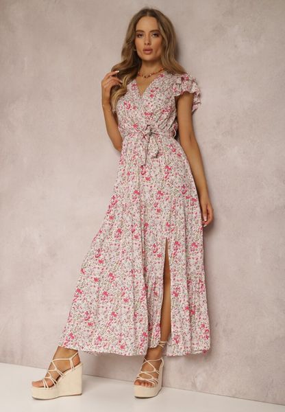 Beżowo-Czerwona Sukienka Oreithanassa. Brązowe sukienki damskie Renee, na lato, l, z aplikacjami, z materiału, bez kołnierzyka, bez ramiączek, maxi, kopertowe. Za 99.99 zł.