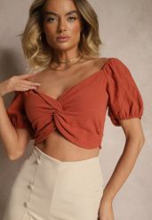 Pomarańczowa Bluzka z Bawełny z Bufiastymi Rękawami i Marszczeniem Tefellea. Brązowe bluzki damskie Renee, l, bez wzorów, z bawełny, eleganckie, bez kołnierzyka, bez ramiączek. Za 49.99 zł.