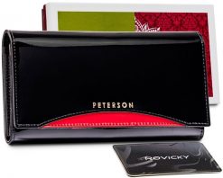 Skórzany portfel czarny Peterson PTN BC-467-BLACK RED. Czarne portfele damskie Peterson, z lakierowanej skóry. Za 124.00 zł.