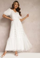 Biała Maxi Sukienka Tiulowa Rozkloszowana z Paskiem i Bufiastymi Rękawami Bervilla. Białe sukienki damskie Renee, l, bez wzorów, z tiulu, eleganckie, bez kołnierzyka, bez ramiączek, maxi, rozkloszowane. Za 129.99 zł.