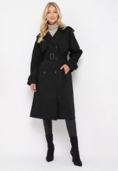 Czarny Płaszcz Trencz Dwurzędowy z Paskiem Cloimia. Czarne płaszcze damskie Born2be, l, bez wzorów, z dzianiny, eleganckie, bez kołnierzyka, bez kaptura. Za 269.99 zł.