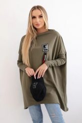 Bluza oversize z asymetrycznymi bokami khaki. Brązowe bluzy damskie KESI, l, bez wzorów, z bawełny, bez ramiączek, bez kaptura. Za 209.11 zł.