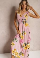Różowa Sukienka z Wiązanymi Ramiączkami w Kwiatowy Print o Rozkloszowanym Fasonie Talloa. Czerwone sukienki damskie Renee, na co dzień, na wiosnę, m, bez wzorów, eleganckie, bez kołnierzyka, bez ramiączek, maxi, kopertowe. Za 34.99 zł.