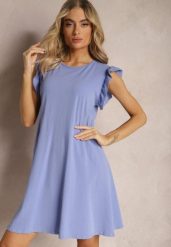 Jasnoniebieska Trapezowa Sukienka z Elastycznej Bawełny z Falbankami Przy Ramionach Aleradia. Niebieskie sukienki damskie Renee, na imprezę, na lato, l, bez wzorów, z bawełny, bez kołnierzyka, bez ramiączek, mini, trapezowe. Za 44.99 zł.