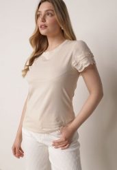 Beżowy Bawełniany T-shirt z Koronkowymi Rękawami Carilynore. Brązowe t-shirty damskie Born2be, m, bez wzorów, z bawełny, eleganckie, bez kołnierzyka, bez ramiączek. Za 59.99 zł.