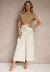 Beżowe Spodnie Culottes High Waist z Bawełny Zdobione Guzikami Izuma. Brązowe spodnie materiałowe damskie Renee, z aplikacjami, z bawełny, eleganckie, z podwyższonym stanem. Za 74.99 zł.