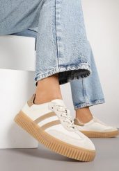 Beżowo-Brązowe Skórzane Sneakersy Klasyczne Tenisówki z Zamszu Naturalnego Teniresela. Brązowe trampki i tenisówki damskie Born2be, bez wzorów, z jeansu, bez zapięcia. Za 199.99 zł.