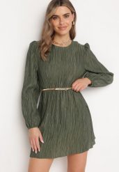 Ciemnozielona Rozkloszowana Sukienka z Gumką w Pasie i Długim Rękawem Biasha. Zielone sukienki damskie Born2be, na co dzień, m, bez wzorów, eleganckie, bez kołnierzyka, bez ramiączek, mini, dopasowane. Za 99.99 zł.