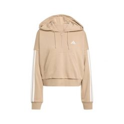 Bluza damska Essentials 3-Stripes French Terry Hoodie Quarter Zip. Brązowe bluzy damskie Adidas, bez wzorów, z bawełny, bez ramiączek, z kapturem. Za 200.99 zł.