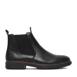 Botki Rieker. Czarne botki męskie Rieker, bez wzorów, bez obcasa, bez zapięcia. Za 439.99 zł.