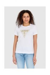 GUESS Biały t-shirt damski ze złotym haftowanym cyrkoniami logotypem slim fit. Białe t-shirty damskie Guess, s, z aplikacjami, z bawełny, bez kołnierzyka, bez ramiączek. W wyprzedaży za 190.99 zł.