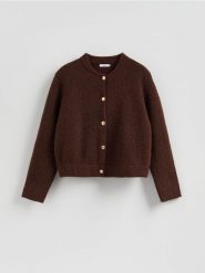 Kardigan z dekoracyjnymi guzikami - brązowy. Brązowe kardigany damskie Reserved, l, bez wzorów, z dzianiny, bez kołnierzyka. Za 159.99 zł.