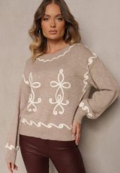 Beżowy Sweter z Wiskozą i Geometrycznym Wzorem Senallin. Brązowe swetry nierozpinane damskie Renee, uniwersalny, bez wzorów, z jeansu, casualowe, bez kołnierzyka, bez ramiączek. Za 119.99 zł.