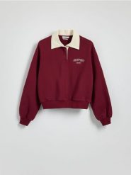 Bawełniana bluza z kołnierzem - bordowy. Czerwone bluzy damskie Reserved, l, bez wzorów, z bawełny, bez ramiączek, bez kaptura. W wyprzedaży za 89.99 zł.