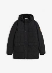 Wodoodporna, pikowana parka funkcyjna z praktycznymi kieszeniami. Czarne parki męskie bonprix, m, z aplikacjami, bez kołnierzyka, bez kaptura. Za 389.99 zł.