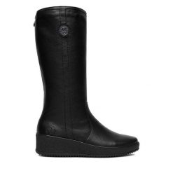 Kozaki Rieker. Czarne kozaki damskie Rieker, bez wzorów, bez obcasa, na koturnie, bez zapięcia. Za 429.99 zł.