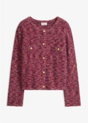 Sweter rozpinany z efektowną nicią. Czerwone kardigany damskie bonprix, bez wzorów, bez kołnierzyka. Za 149.99 zł.
