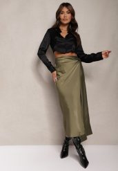 Zielona Spódnica o Kopertowym Kroju High Waist Onadea. Zielone spódnice damskie Renee, l, bez wzorów, z materiału, z podwyższonym stanem, midi, kopertowe. Za 99.99 zł.