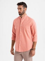Męska koszula lniana ze stójką i kieszenią REGULAR FIT – różowa V1 OM-SHCS-0161 - XXL. Czerwone koszule męskie Ombre Clothing, na lato, l, bez wzorów, z bawełny, bez kołnierzyka, bez ramiączek. Za 131.99 zł.
