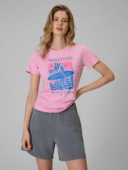 4F T-shirt regular z nadrukiem damski - różowy L. Czerwone t-shirty damskie 4F, l, bez wzorów, z bawełny, bez kołnierzyka, bez ramiączek. Za 59.99 zł.