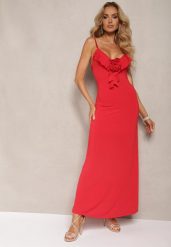 Czerwona Sukienka Koktajlowa o Dopasowanym Kroju z Ozdobną Broszką Kwiatkiem i Falbaną Vikassa. Czerwone sukienki damskie Renee, na imprezę, m, bez wzorów, eleganckie, bez kołnierzyka, bez ramiączek, maxi, dopasowane. Za 59.99 zł.