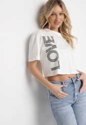 Biały Krótki Bawełniany T-shirt z Napisem Sannirra. Białe t-shirty damskie Born2be, m, bez wzorów, z bawełny, klasyczne, bez kołnierzyka, bez ramiączek. Za 34.99 zł.