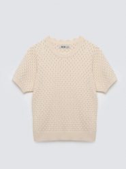 Sweter damski ażurowy z krótkim rękawem perłowy Diona 103. Białe swetry nierozpinane damskie BIG STAR, l, w ażurowe wzory, z bawełny, klasyczne, bez kołnierzyka, bez ramiączek. Za 139.99 zł.