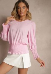 Jasnoróżowa Bluzka z Wiskozą Ozdobiona Ściągaczami Tosara. Czerwone bluzki damskie Renee, bez wzorów, z jeansu, bez kołnierzyka, bez ramiączek. Za 59.99 zł.