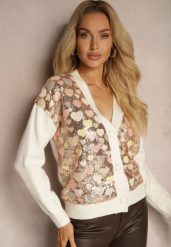 Beżowy Wzorzysty Kardigan w Serduszka z Dekoltem w Serek i Cekinami Ansilene. Brązowe kardigany damskie Renee, bez wzorów, z jeansu, eleganckie, bez kołnierzyka. Za 129.99 zł.
