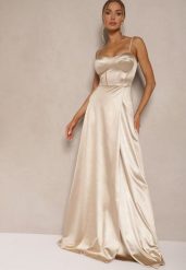 Beżowa Sukienka na Ramiączkach o Rozkloszowanym Kroju z Wiązaniem na Plecach Katirione. Brązowe sukienki damskie Renee, na imprezę, m, bez wzorów, eleganckie, bez kołnierzyka, bez ramiączek, maxi, kopertowe. Za 169.99 zł.