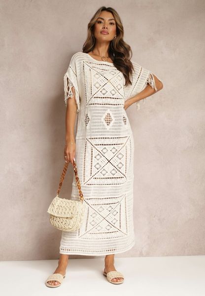 Beżowa Szydełkowa Sukienka Maxi z Frędzlami i Rękawem Typu Nietoperz Yumoto. Brązowe sukienki damskie Renee, bez wzorów, z bawełny, bez kołnierzyka, bez ramiączek, maxi. Za 259.99 zł.