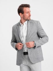 Marynarka męska w kratę z dodatkiem wełny - szara V1 OM-BLZB-0117 - XL. Szare garnitury męskie Ombre Clothing, l, bez wzorów, z materiału. W wyprzedaży za 169.99 zł.