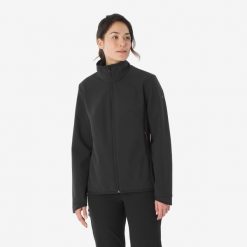Kurtka turystyczna damska Softshell Forclaz MT100. Czarne kurtki sportowe damskie FORCLAZ, m, bez wzorów, z polaru, bez ramiączek, bez kaptura, trekkingowe. Za 199.99 zł.
