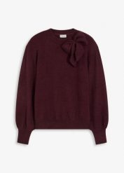 Sweter z aplikacją w kształcie kokardy. Czerwone swetry nierozpinane damskie bonprix, z aplikacjami, bez kołnierzyka, bez ramiączek. Za 109.99 zł.