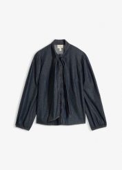 Bluzka jeansowa z bawełny organicznej. Niebieskie bluzki damskie bonprix, bez wzorów, z bawełny, bez kołnierzyka, bez ramiączek. Za 149.99 zł.