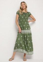 Zielona Sukienka z Wiskozy ze Wzorem Boho Ellirose. Zielone sukienki damskie Born2be, na co dzień, na wiosnę, m, z aplikacjami, z wiskozy, boho, bez kołnierzyka, bez ramiączek, maxi. Za 64.99 zł.